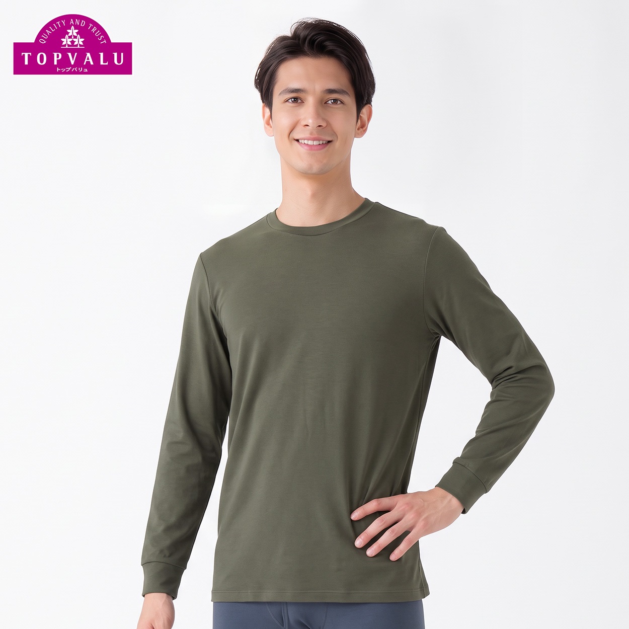 WARM厚地 長袖クルーネックシャツ メンズ トップバリュ PEACE FIT(ピースフィット)(コイミドリ-3XL)