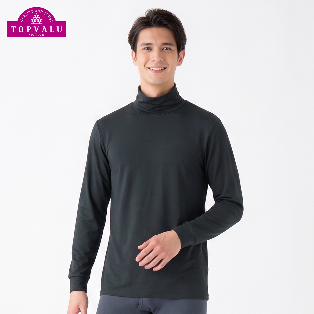 WARM厚地 長袖タートルネックシャツ メンズ トップバリュ PEACE FIT(ピースフィット)(クロ-S)