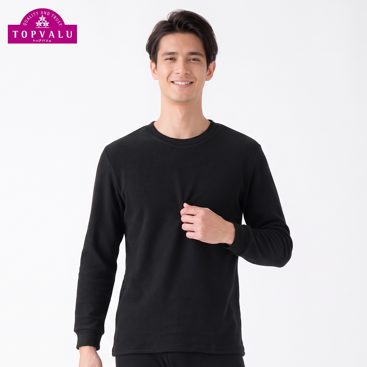 WARM超保温 長袖クルーネックシャツ メンズ トップバリュ PEACE FIT(ピースフィット)(クロ-XL)