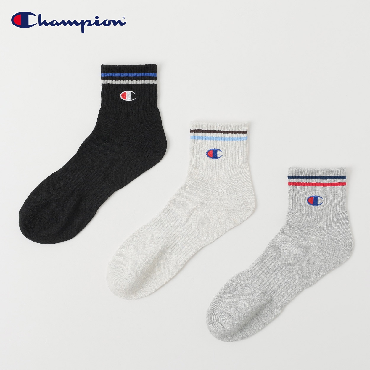Champion(チャンピオン) ラインショート丈ソックス 3足組 メンズ(アソートセット-25-27CM)