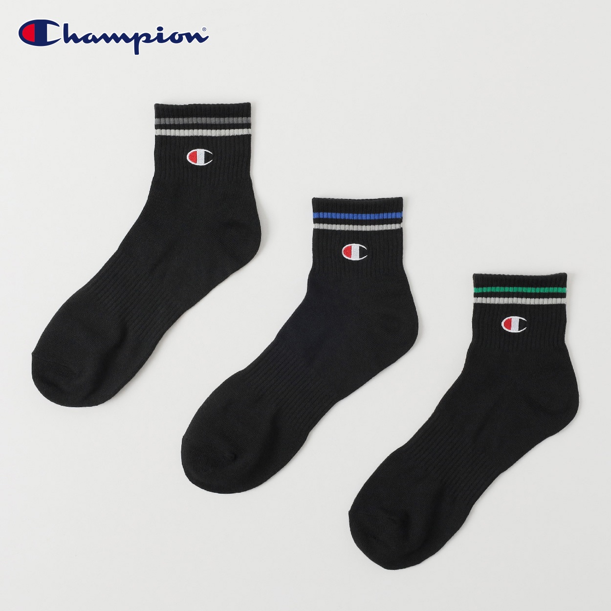 Champion(チャンピオン) ラインショート丈ソックス 3足組 メンズ(クロ-25-27CM)
