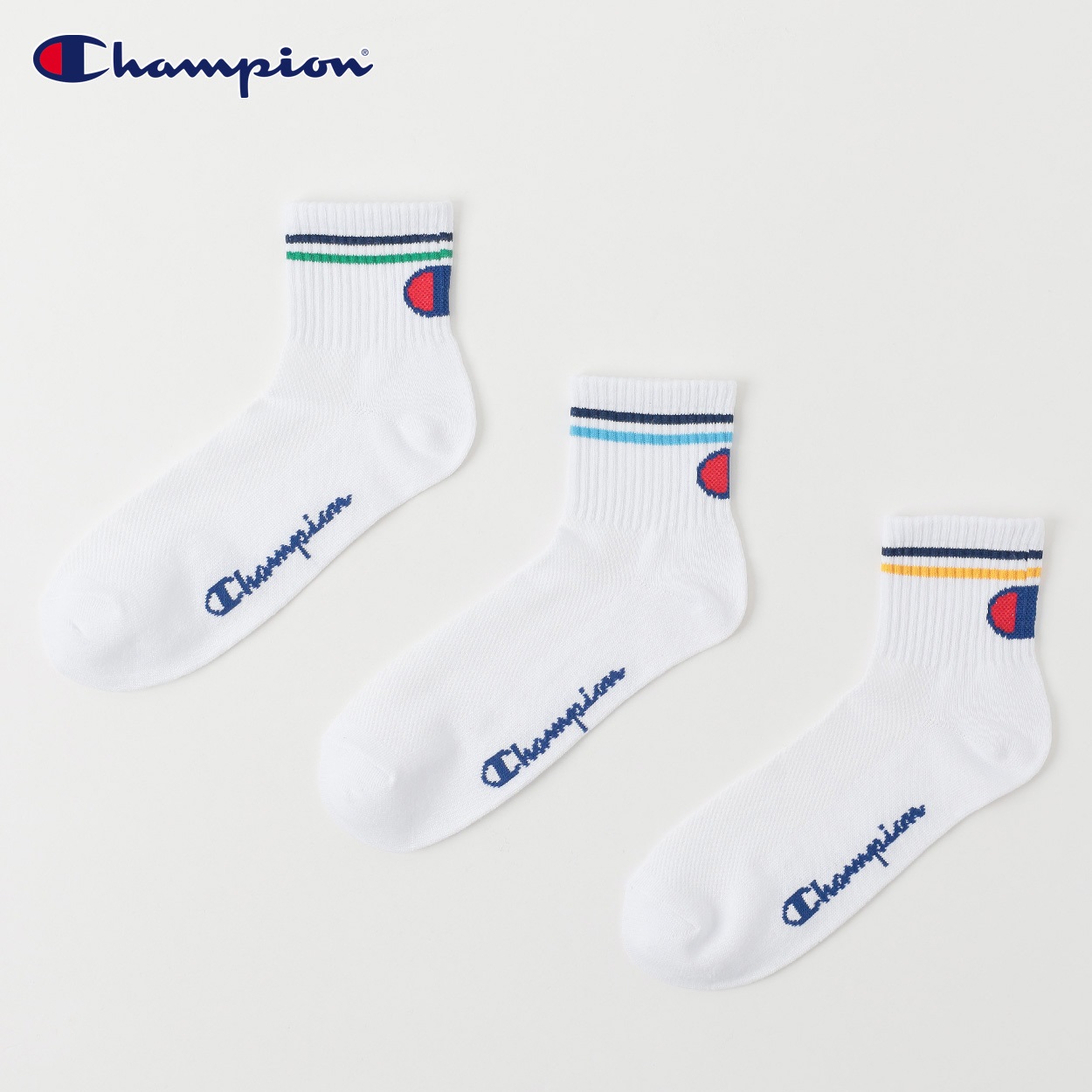 Champion(チャンピオン) ラインビッグロゴショート丈ソックス 3足組 メンズ(シロ-25-27CM)