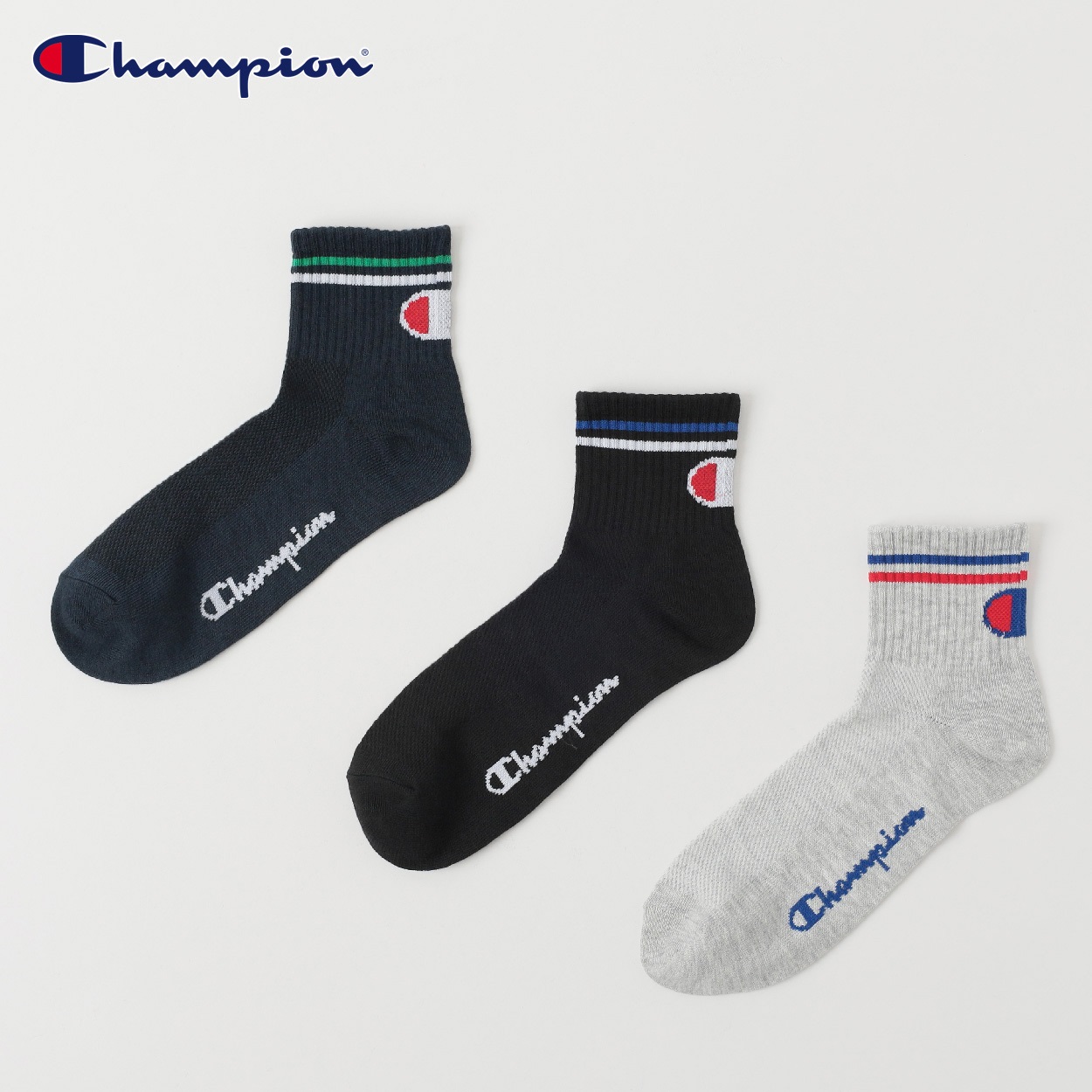 Champion(チャンピオン) ラインビッグロゴショート丈ソックス 3足組 メンズ(アソートセットA-25-27CM)