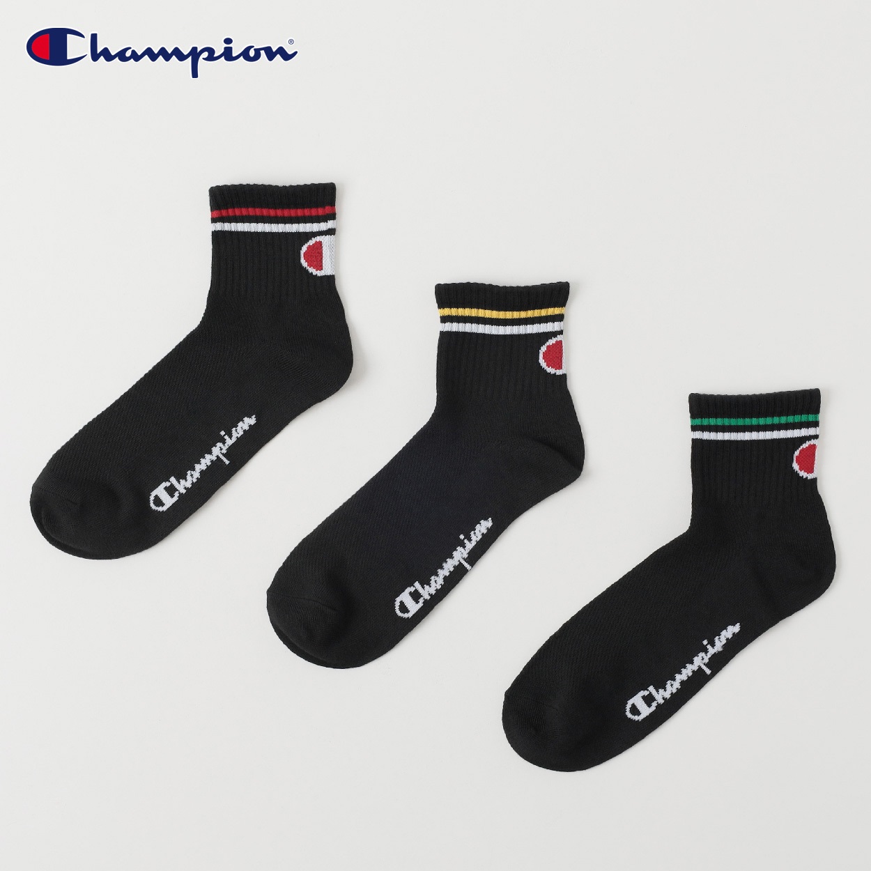 Champion(チャンピオン) ラインビッグロゴショート丈ソックス 3足組 メンズ(クロ-25-27CM)