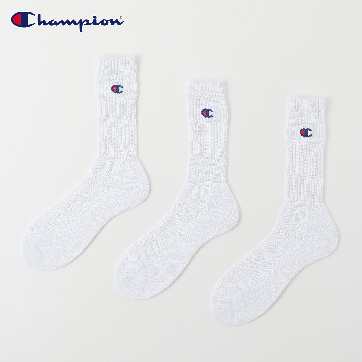 Champion(チャンピオン) リブ編みクルー丈ソックス 3足組 メンズ(シロ-27-29CM)