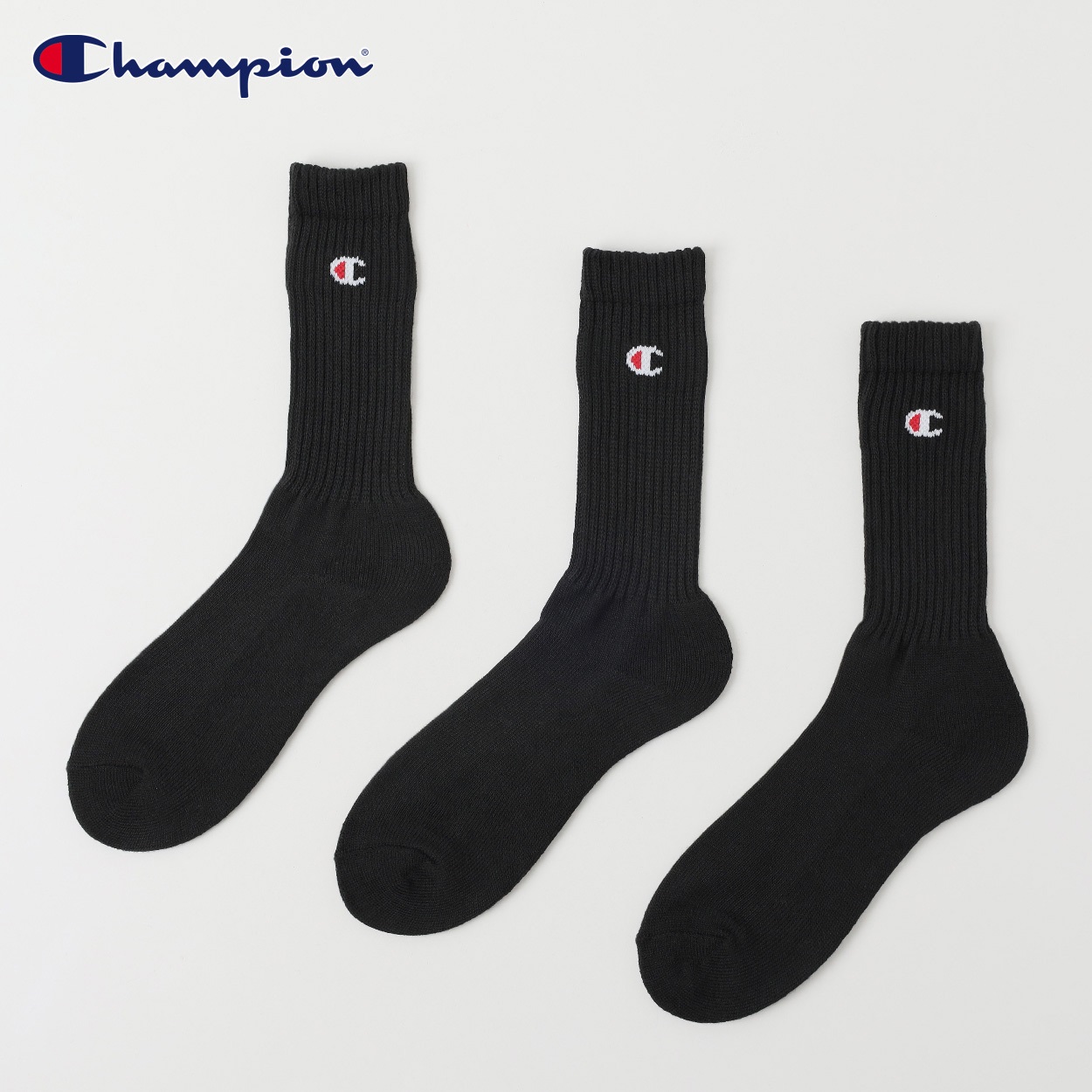 Champion(チャンピオン) リブ編みクルー丈ソックス 3足組 メンズ(クロ-25-27CM)