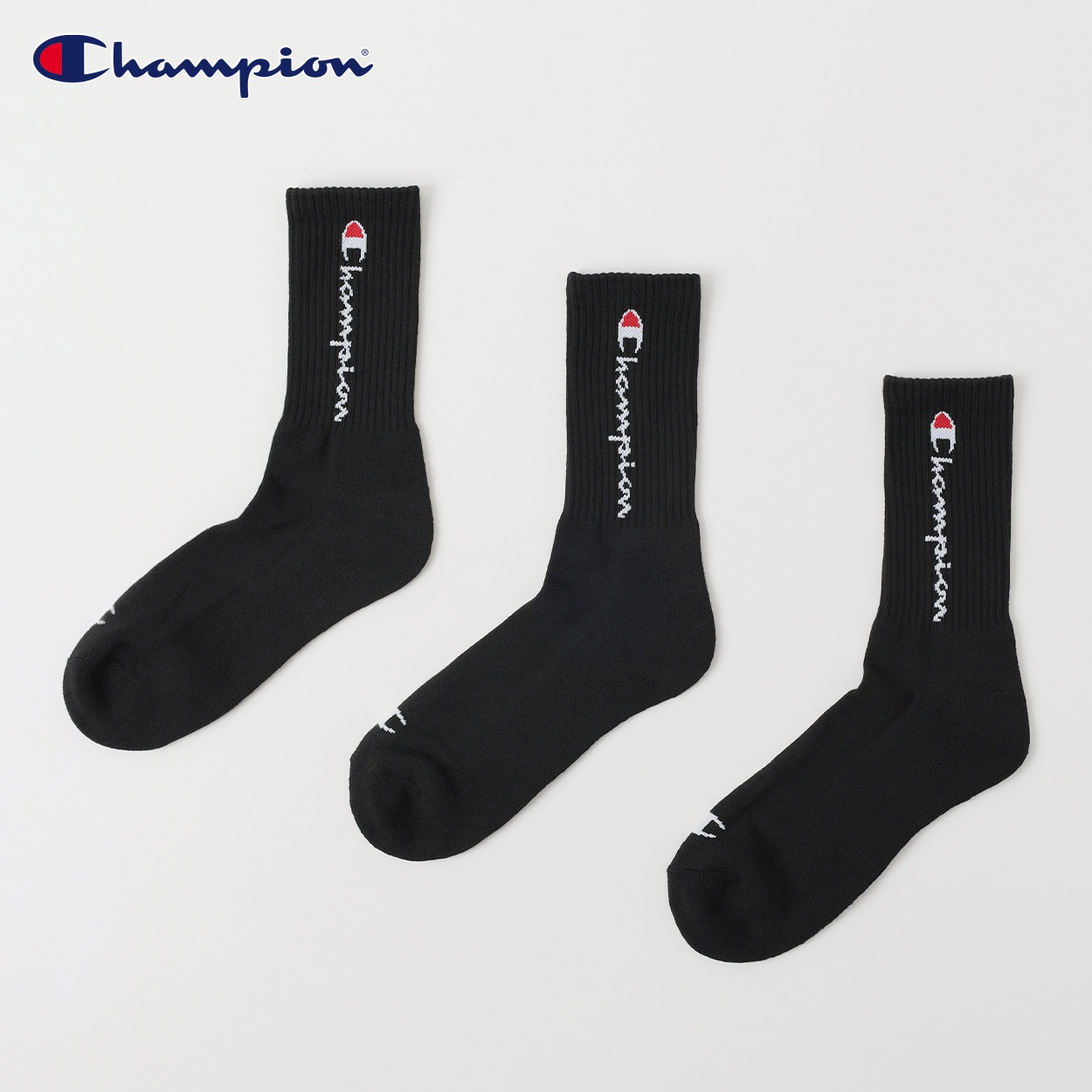 Champion(チャンピオン) 底パイル編みクルー丈ソックス 3足組 メンズ(クロ-25-27CM)