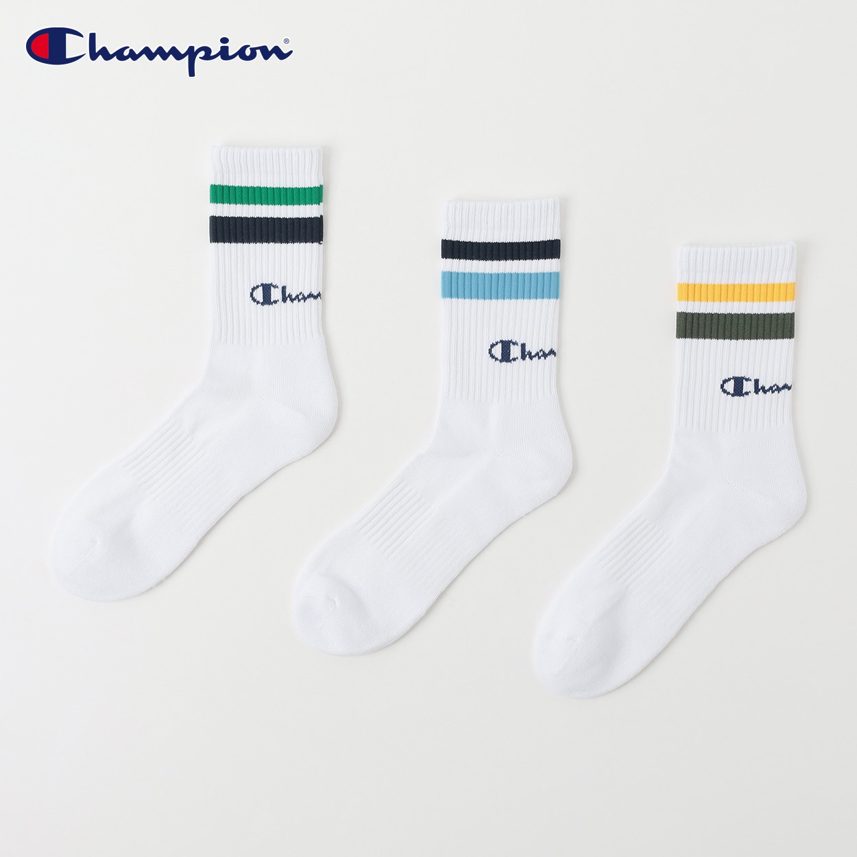 Champion(チャンピオン) ラインクルー丈ソックス 3足組 メンズ(シロ-25-27CM)