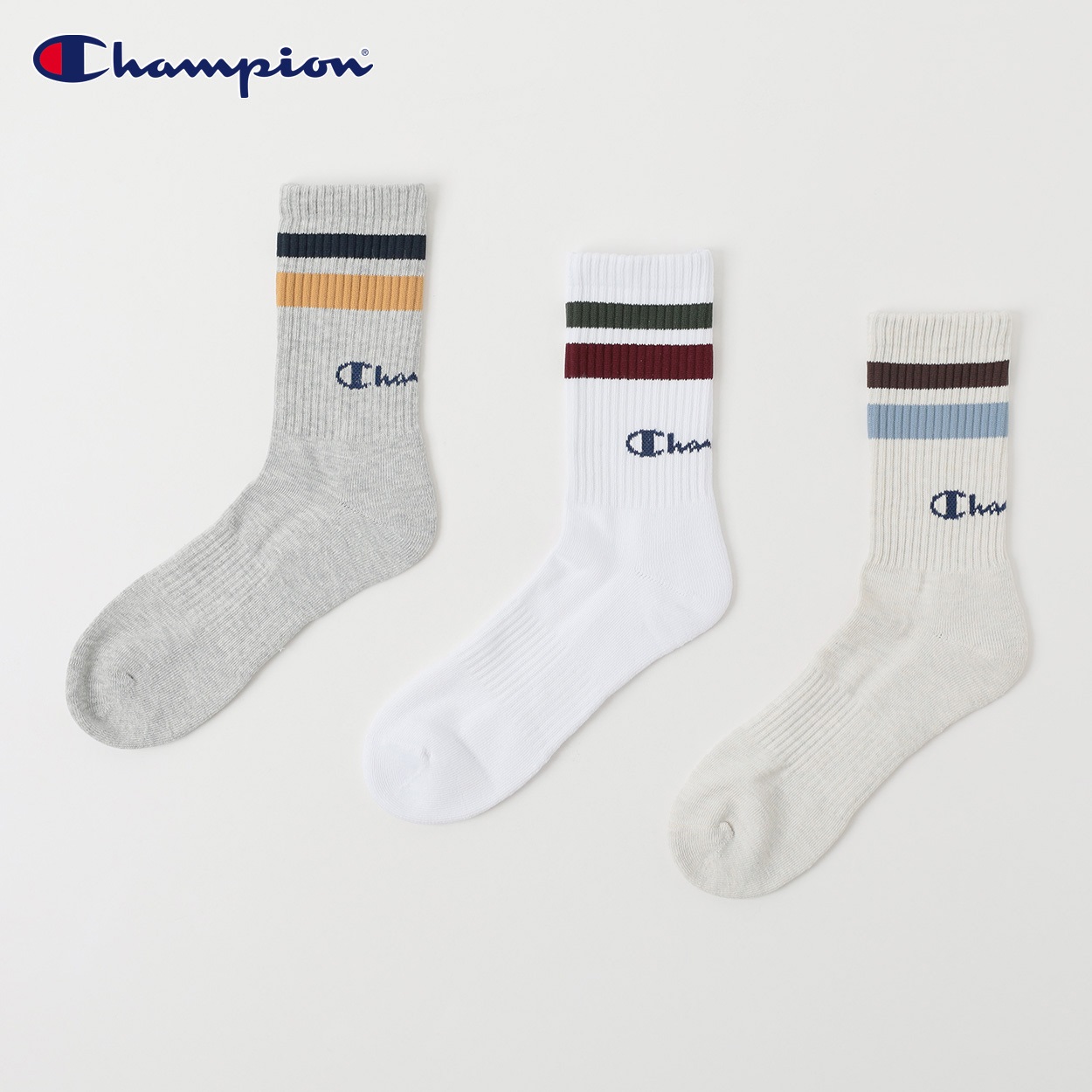 Champion(チャンピオン) ラインクルー丈ソックス 3足組 メンズ(セットアソート-25-27CM)