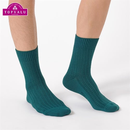 表糸コットン100％ ワッフル編みハーフ丈ソックス メンズ トップバリュ PEACE FIT(ピースフィット)(コイミドリ-25-27CM)