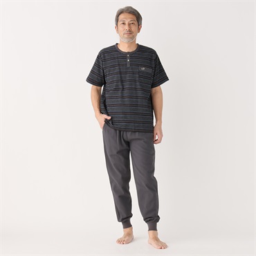 CROCODILE(クロコダイル) Tスーツ上下組 抗菌防臭加工 楊柳ボーダー メンズ(クロ-XL)