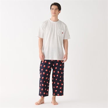 パジャマ 天竺トップス×楊柳プリントパンツ セット メンズ(シロ-XL)