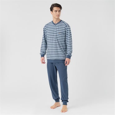 ニットサッカーボーダー柄Ｔスーツパジャマ（前開き） メンズ Golden Bear(ゴールデンベア)(コイアオ-M)