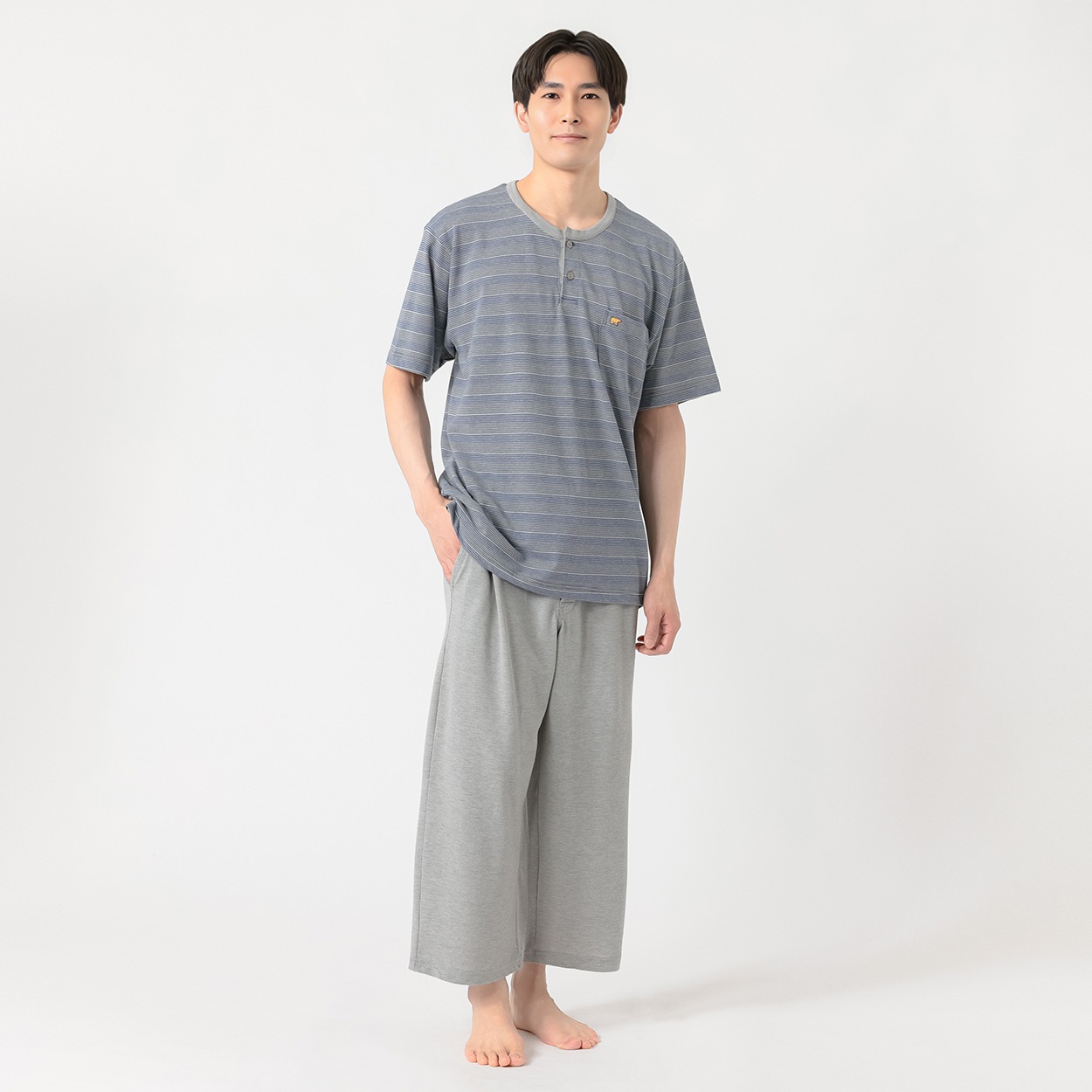 半袖鹿の子ボーダー柄Tスーツパジャマ（前開き） メンズ Golden Bear