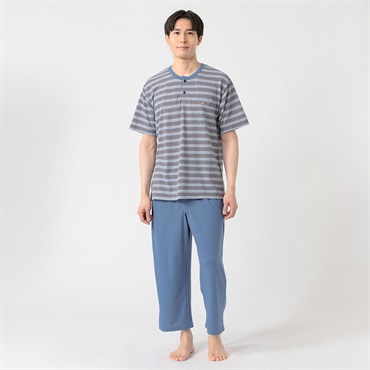 半袖鹿の子ボーダー柄Ｔスーツパジャマ（前開き） メンズ Golden Bear(ゴールデンベア)