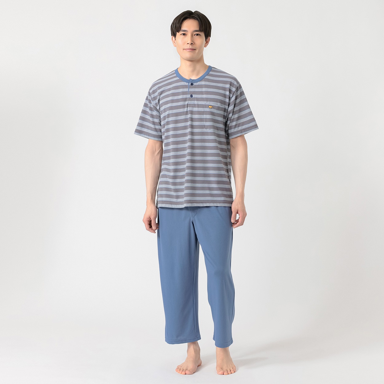 半袖鹿の子ボーダー柄Tスーツパジャマ(前開き) メンズ Golden Bear 半袖鹿の子ボーダー柄Tスーツパジャマ(前開き) メンズ Golden Bear