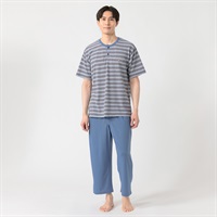半袖鹿の子ボーダー柄Ｔスーツパジャマ（前開き） メンズ Golden Bear(ゴールデンベア)(コイアオ-M)