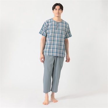 半袖強撚格子柄Ｔスーツパジャマ（前開き） メンズ Golden Bear(ゴールデンベア)(ウスクロ-M)
