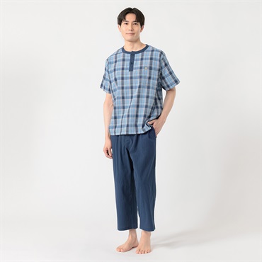 半袖強撚格子柄Ｔスーツパジャマ（前開き） メンズ Golden Bear(ゴールデンベア)