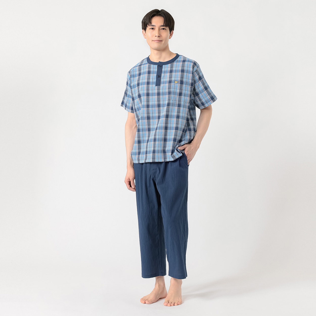 半袖強撚格子柄Ｔスーツパジャマ（前開き） メンズ Golden Bear(ゴールデンベア)(コイアオ-L)