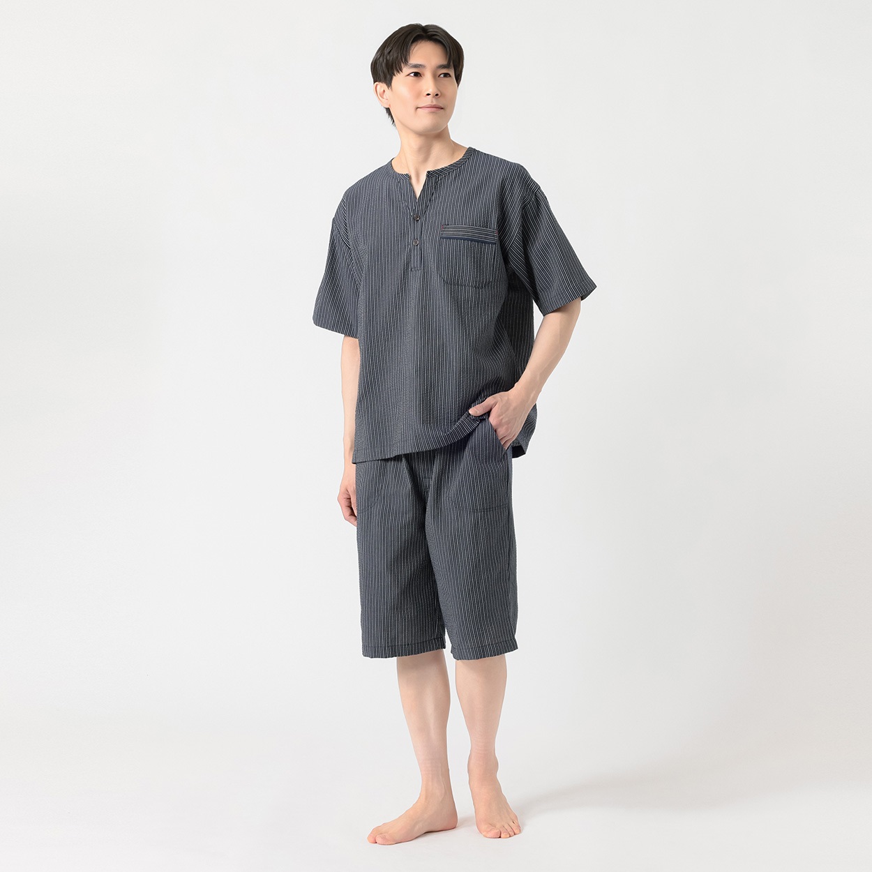江戸百景しじらYヘンリー メンズ(コイアオ-2XL)