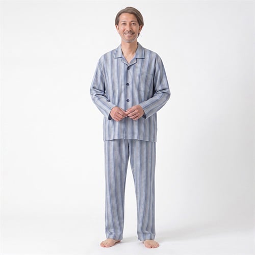 GUNZE(グンゼ) 睡眠工房 ダンボールニットペイズリーストライプ柄シャツ メンズ(アオ-S)