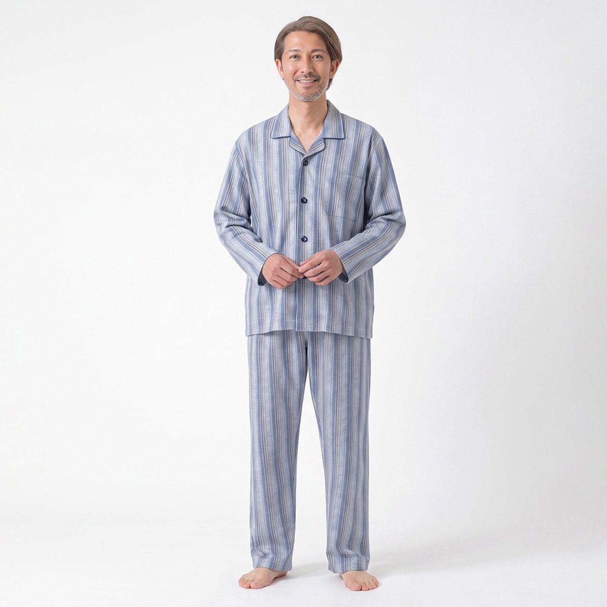 GUNZE(グンゼ) 睡眠工房 ダンボールニットペイズリーストライプ柄シャツ メンズ(アオ-L)