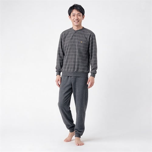 裏起毛格子柄Ｔスーツパジャマ（前開き） メンズ Golden Bear(ゴールデンベア)