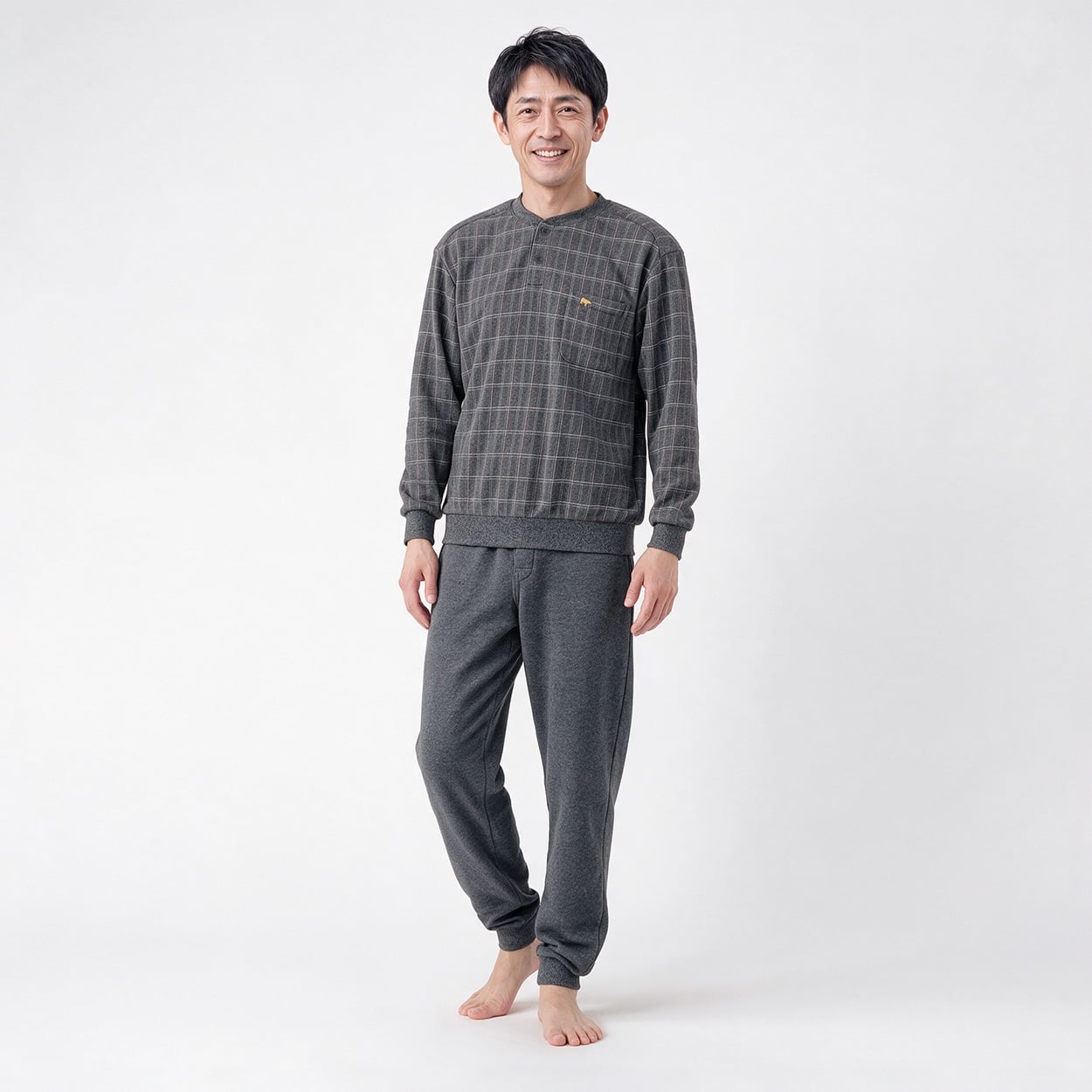 裏起毛格子柄Ｔスーツパジャマ（前開き） メンズ Golden Bear(ゴールデンベア)(ウスクロ-M)