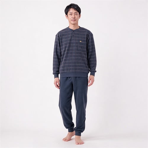 裏起毛格子柄Ｔスーツパジャマ（前開き） メンズ Golden Bear(ゴールデンベア)(コイアオ-S)