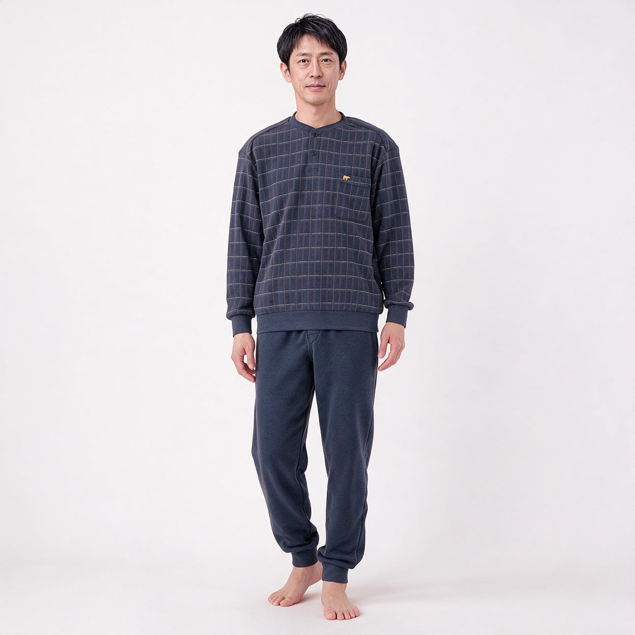 裏起毛格子柄Ｔスーツパジャマ（前開き） メンズ Golden Bear(ゴールデンベア)(コイアオ-LL)