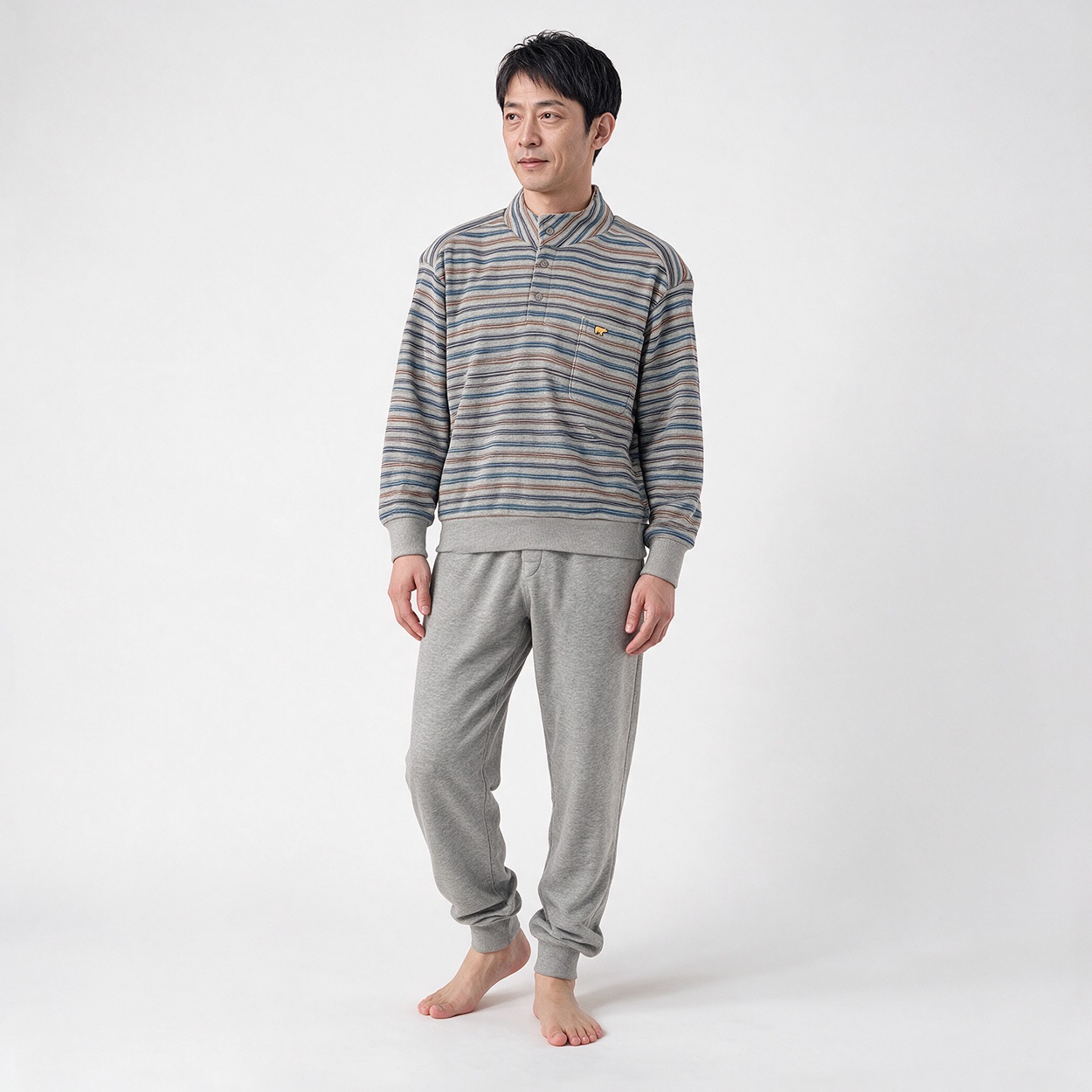 裏起毛ボーダー柄Ｔスーツパジャマ（前開き） メンズ Golden Bear(ゴールデンベア)(ウスクロ-L)