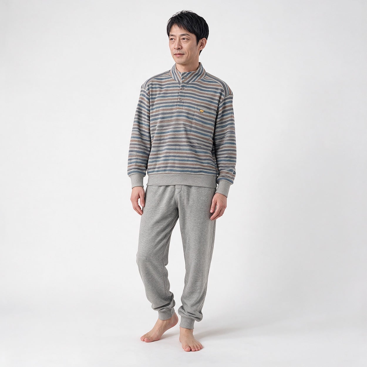 裏起毛ボーダー柄Ｔスーツパジャマ（前開き） メンズ Golden Bear(ゴールデンベア)(ウスクロ-LL)
