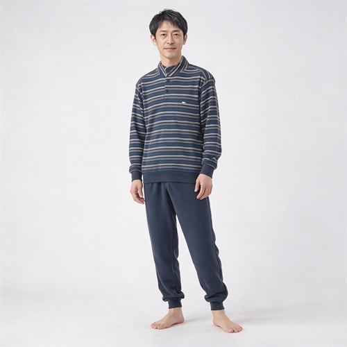 裏起毛ボーダー柄Ｔスーツパジャマ（前開き） メンズ Golden Bear(ゴールデンベア)
