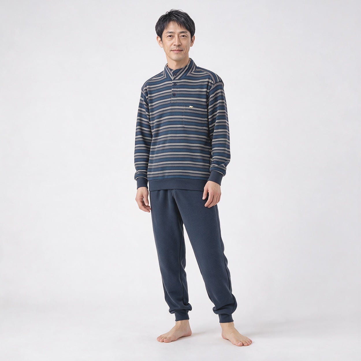 裏起毛ボーダー柄Ｔスーツパジャマ（前開き） メンズ Golden Bear(ゴールデンベア)(コイアオ-S)
