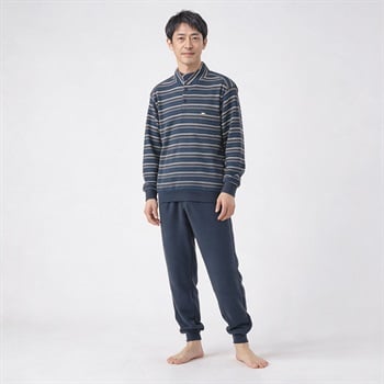 裏起毛ボーダー柄Ｔスーツパジャマ（前開き） メンズ Golden Bear(ゴールデンベア)(コイアオ-S)