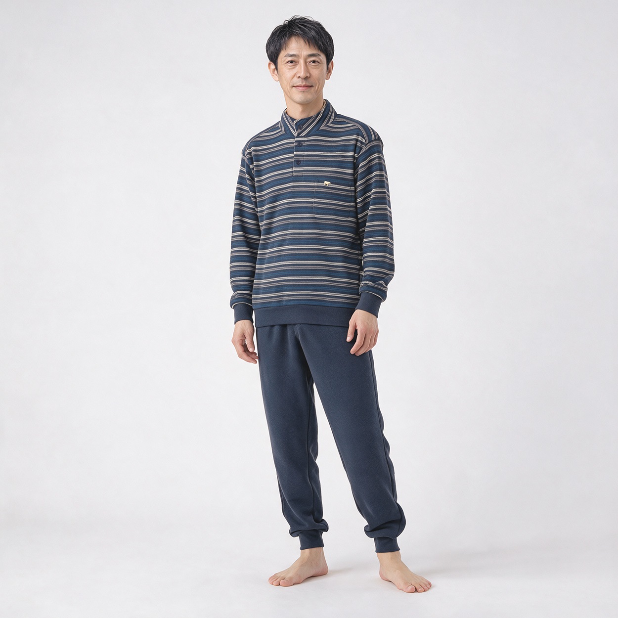 裏起毛ボーダー柄Ｔスーツパジャマ（前開き） メンズ Golden Bear(ゴールデンベア)(コイアオ-M)