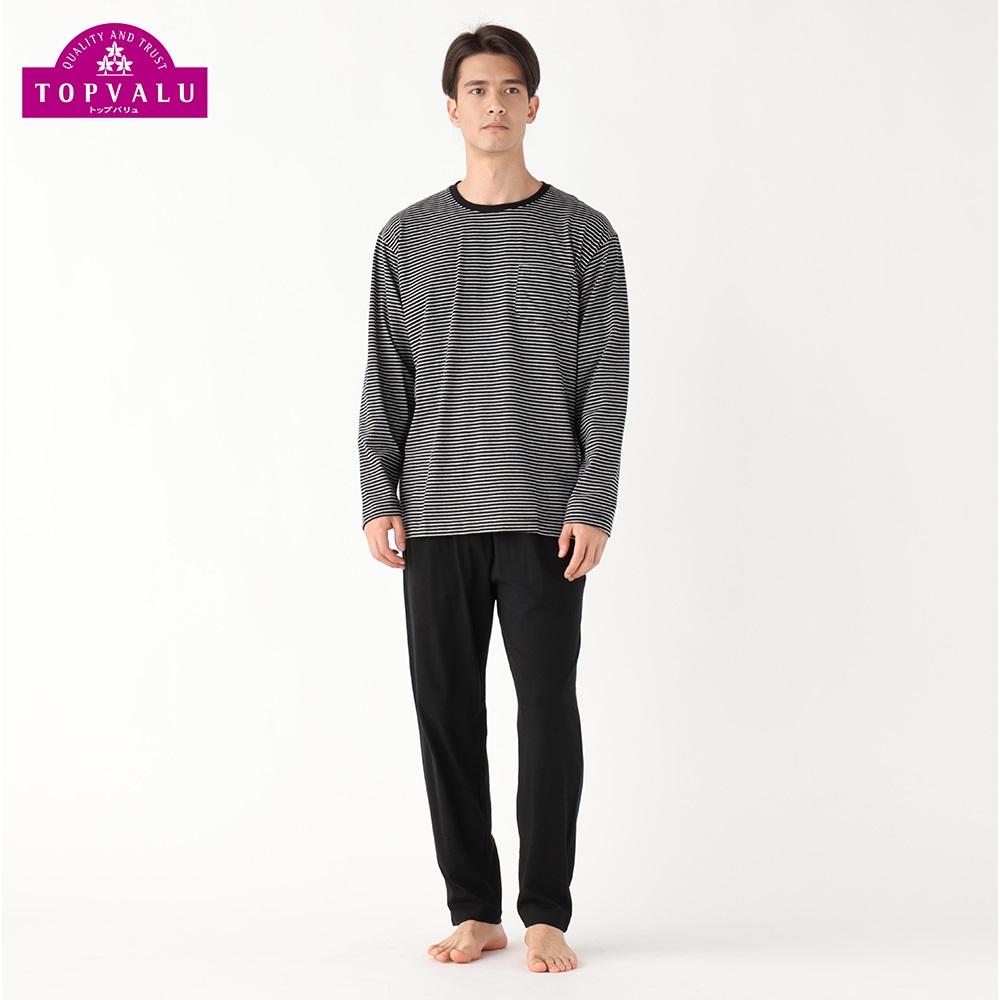 トップバリュ(TOPVALU) 綿100％長袖天竺上下セット メンズ(クロ-L)