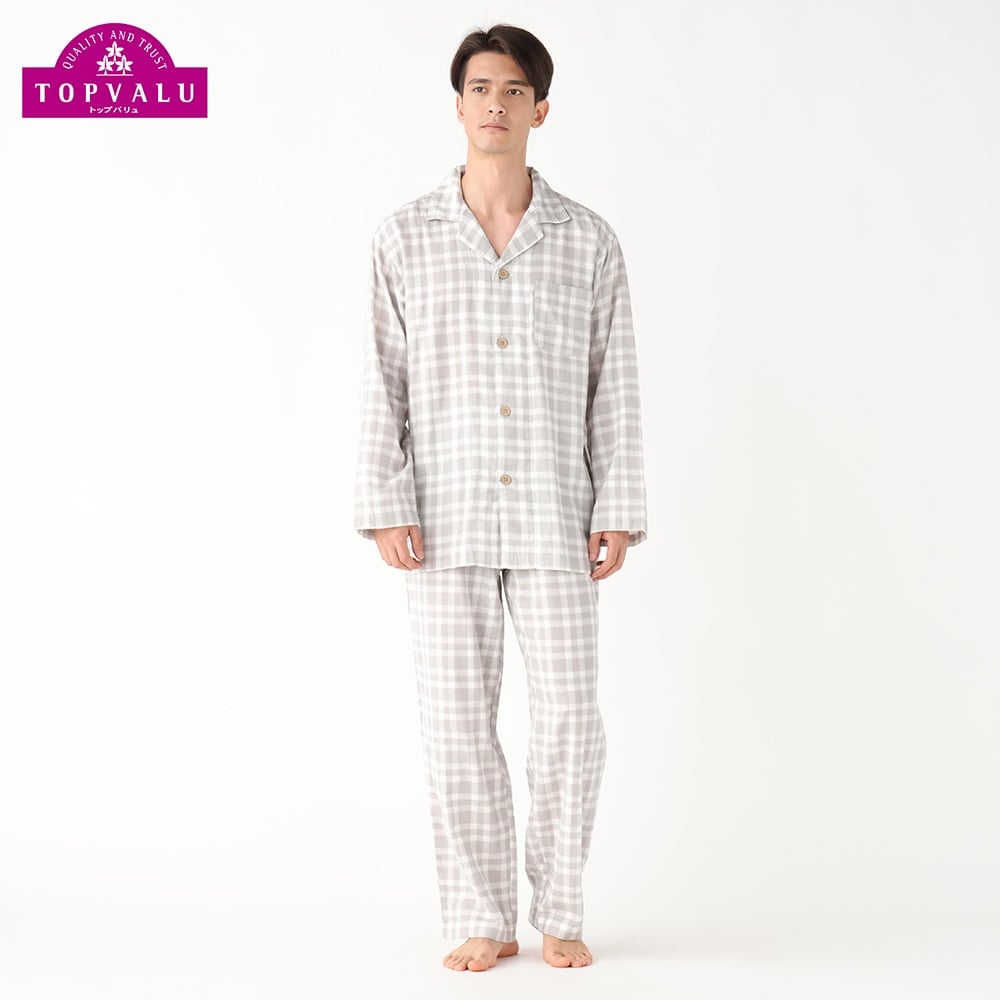 コットン100％二重ガーゼ柄シャツパジャマ 快適設計 メンズ(ウスクロ-2XL)