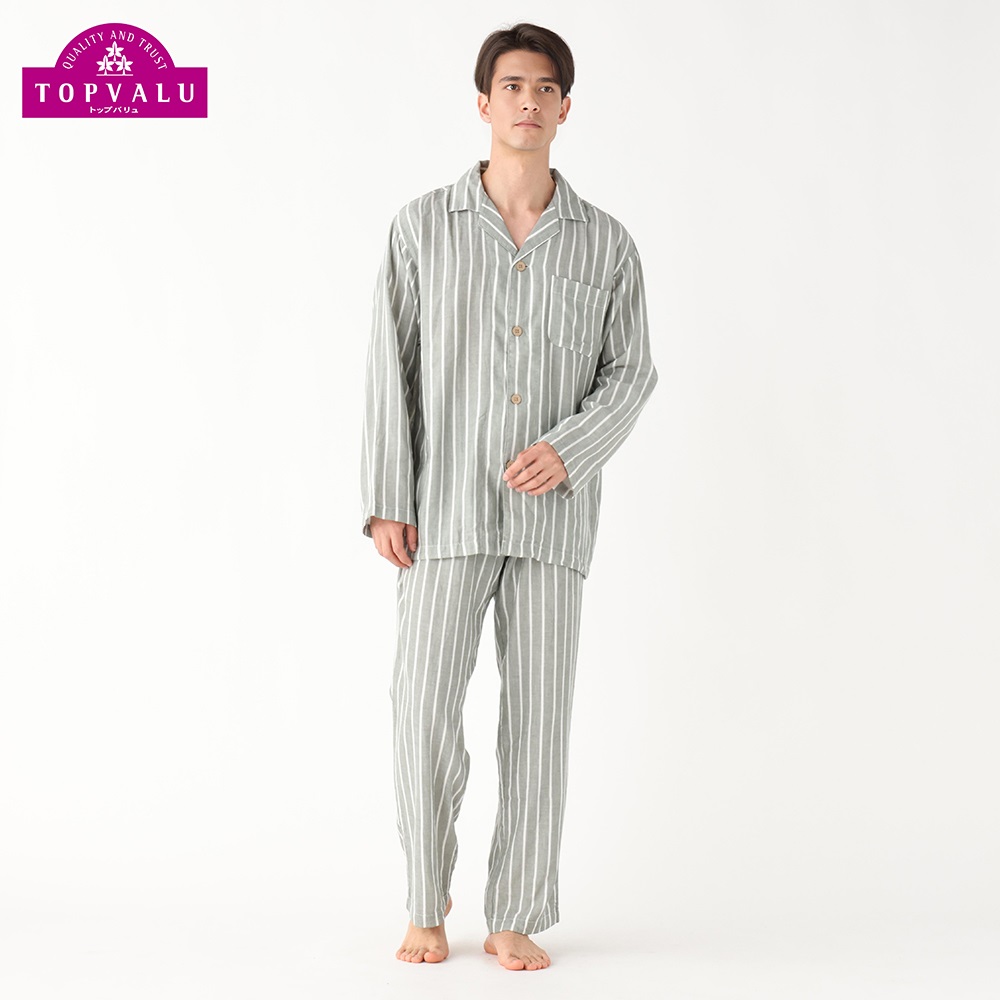 コットン100％二重ガーゼ柄シャツパジャマ 快適設計 メンズ(ウスミドリ-4XL)
