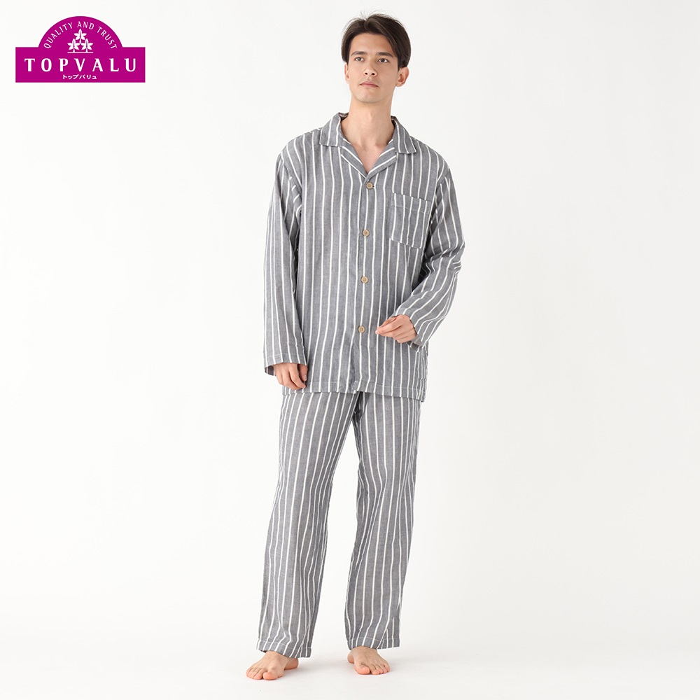 コットン100％二重ガーゼ柄シャツパジャマ 快適設計 メンズ(ウスアオ-2XL)