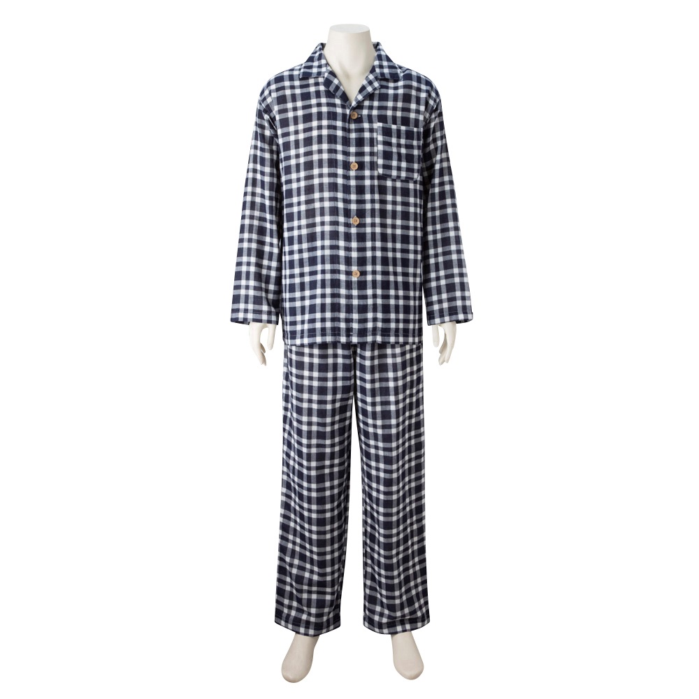 コットン100％二重ガーゼ柄シャツパジャマ 快適設計 メンズ(コイアオ-L)