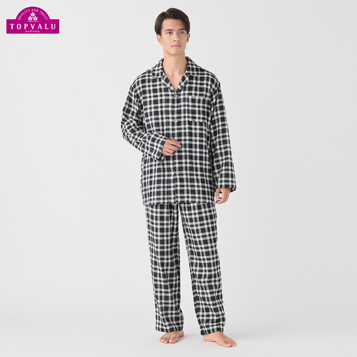 コットン100％二重ガーゼ柄シャツパジャマ 快適設計 メンズ(クロ-L)