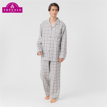 コットン100％二重ガーゼ柄シャツパジャマ 快適設計 メンズ(Ａウスクロ-S)