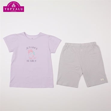 綿100％天竺半袖ルームウェア リボンキャット 女の子 トップバリュ キッズ 110cm-130cm(Aラベンダー-120cm)