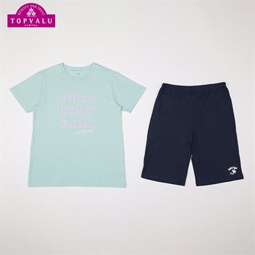 綿100％天竺半袖ルームウェア WASHDAYプリント 女の子 トップバリュ キッズ 140cm-160cm(ミントブルー-150cm)