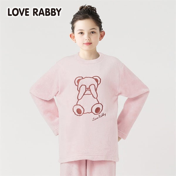 ピンク クマ刺繍 パジャマセット ラブラビ シャギーフリースくま刺繍パジャマ 女の子 キッズ140cm-160cm