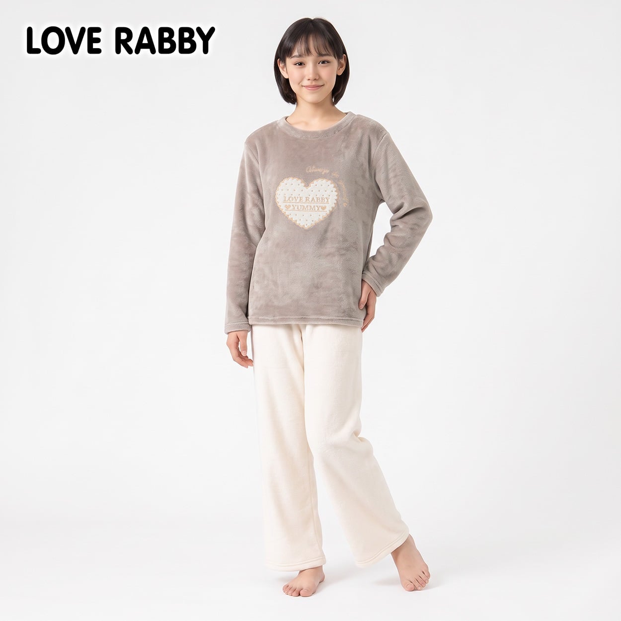 LOVERABBY(ラブラビ) フリースシャギーハートアップリケパジャマ キッズ 女の子 140cm-160cm(ブラウン-140cm)