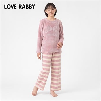 LOVERABBY(ラブラビ) フリースシャギーリボン刺しゅうパジャマ キッズ 女の子 140cm-160cm(ピンク-140cm)