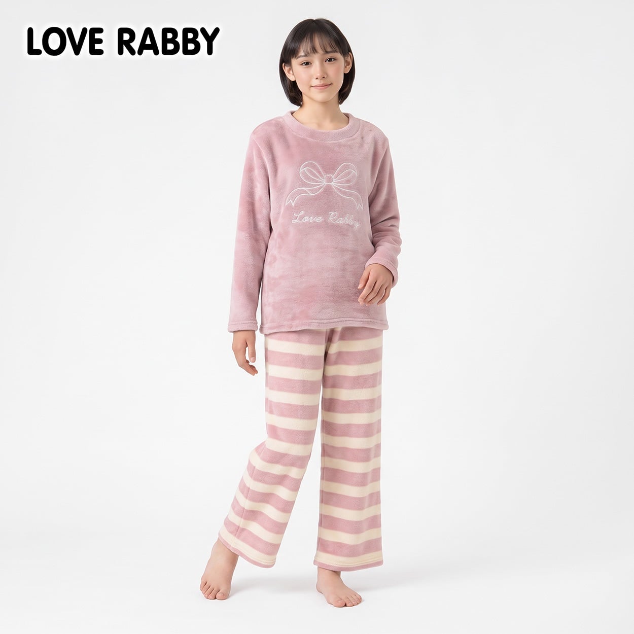 LOVERABBY(ラブラビ) フリースシャギーリボン刺しゅうパジャマ キッズ 女の子 140cm-160cm(ピンク-160cm)